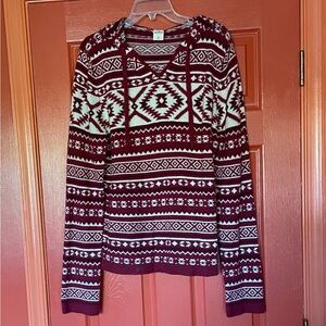 Hollister Burgundy and Cream Knit Hooded Sweater - Unisex